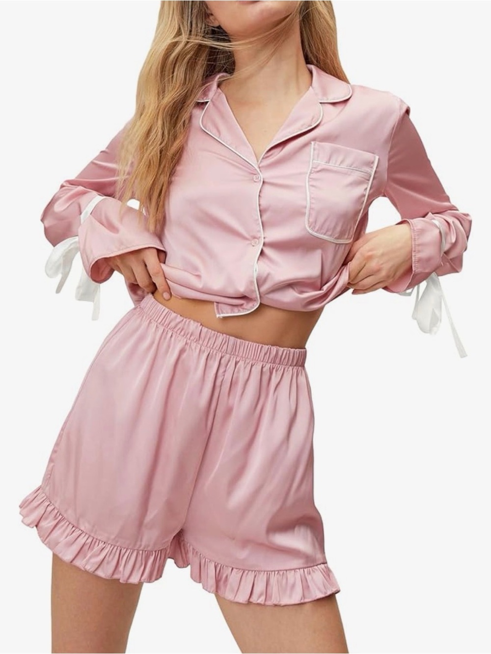 Soft Pink Satin Pajama Set - Women's Two-Piece Sleepwear